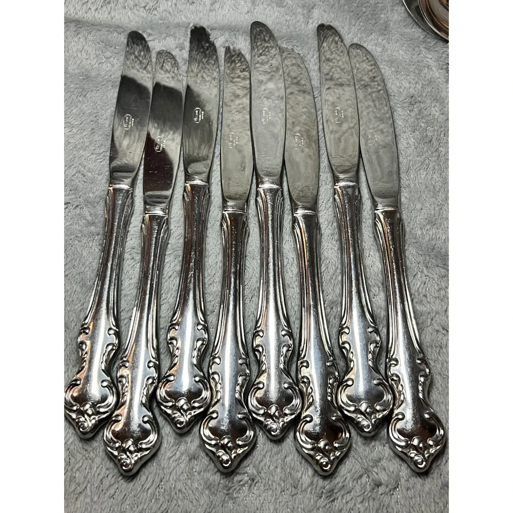 Eldan Japan Rococo Dinner Knives Set of‎ 8 Ornate Stainless Flatware VTG